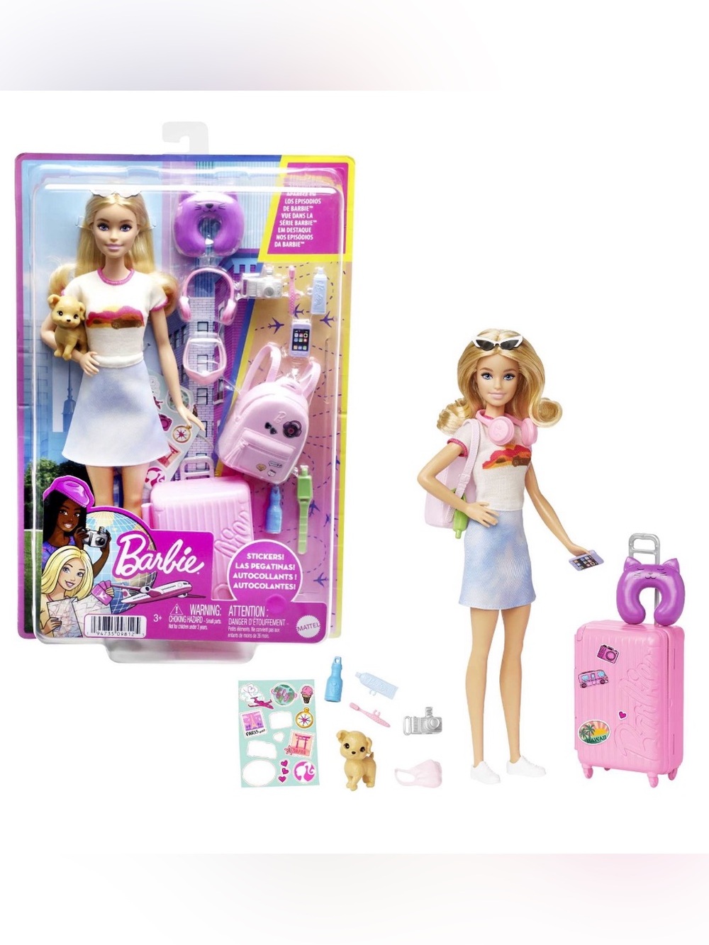 Mattel Barbie Doll Travel Set with Pink Accessories and Blue Skirt